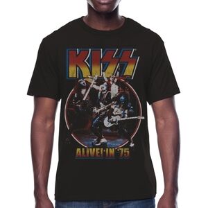 KISS Alive '75 Mens Black Vintage Graphic Rock Band Tee T-Shirt S M
